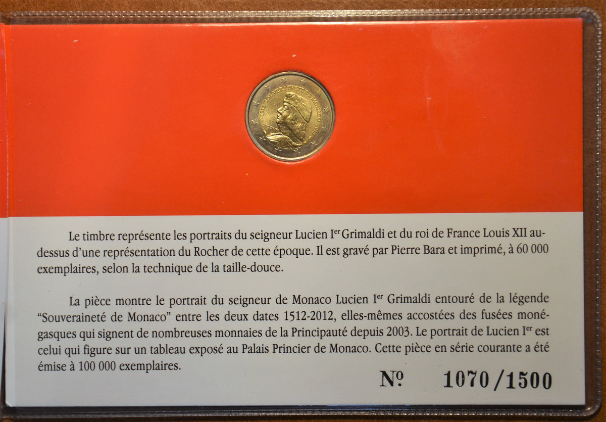 2 Euro Monaco 2012 - A függetlenség 500. évfordulója bélyeggel (UNC)