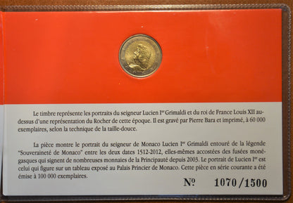 2 Euro Monaco 2012 - A függetlenség 500. évfordulója bélyeggel (UNC)